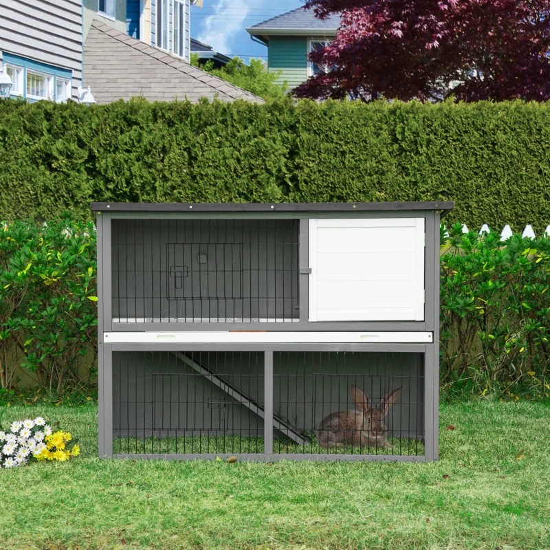 PawHut 48" Wooden Rabbit Hutch Bunny Cage Small Animal House Enclosure with Ramp, Removable Tray and Weatherproof Roof for Outdoor, Gray