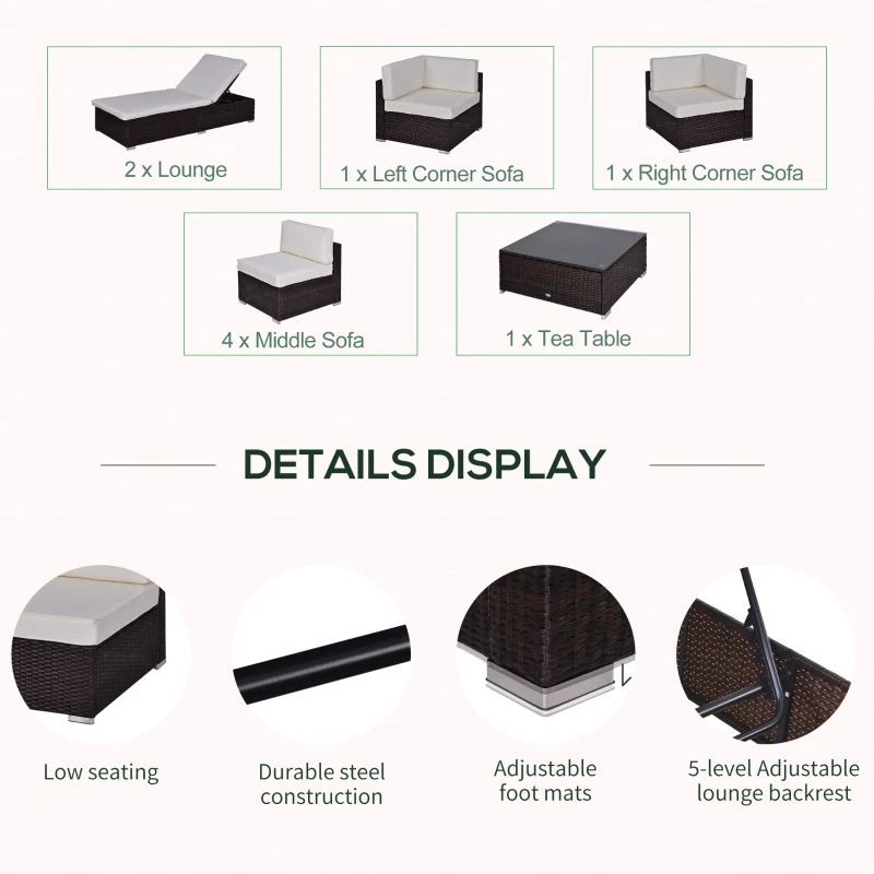 Outsunny 9 Piece Patio Furniture Sets, Wicker Sectional Sofa Sets Outdoor Rattan Conversation Sets with Tempered Glass Tabletop Tea Table and Two Loungers for Garden, Balcony, Backyard, Dark Coffee