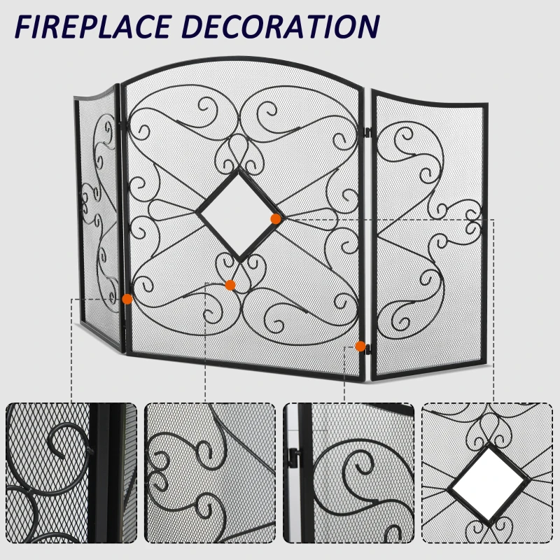 HOMCOM 3-Panel Metal Fireplace Spiral Mesh Cover Screen Home Foldable Steel Spark Guard Decoration, Black