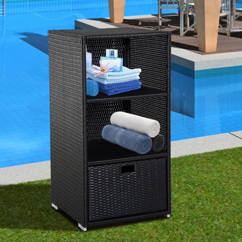 Outsunny Poolside Towel Cabinet, Rattan Wicker with Storage,2-Tier Shelves and Bottom Drawer, for Pool, Patio Backyard, 47", Dark Brown