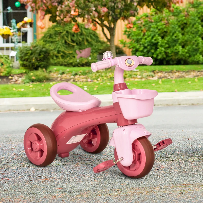 Qaba Tricycle 3-Wheeler Ride-on Toy with 2 Storage Baskets on Front & Back & Non-Slip Handlebar, Pink