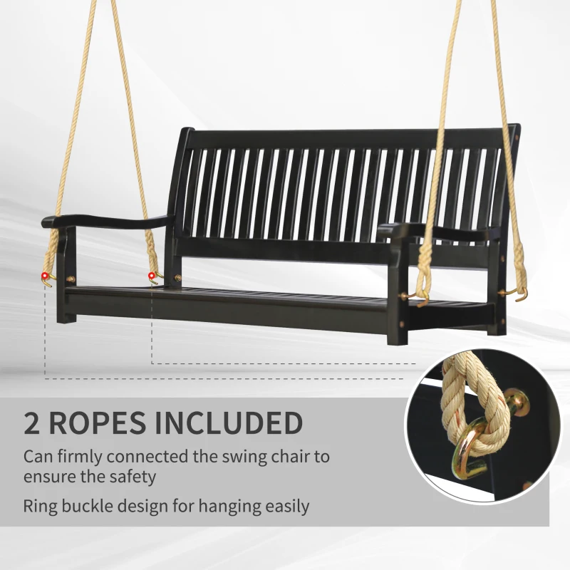 Outsunny 48'' 2-Seater Hanging Porch Swing, Outdoor Patio Wooden Swing Bench w/ Ropes, Slatted Design, 700 lb Weight Capacity, Black