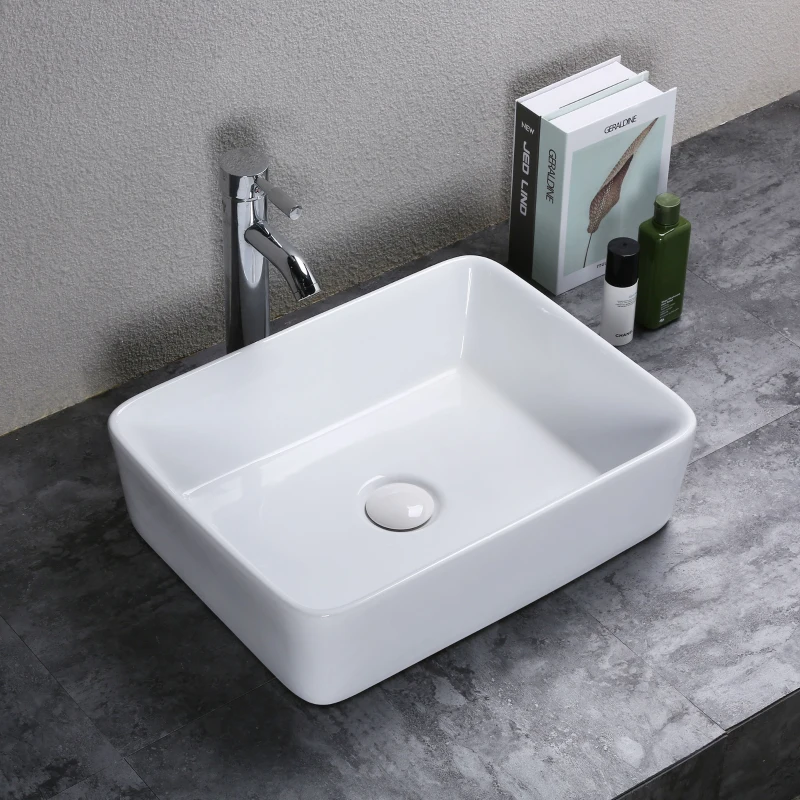 kleankin Rectangular Vessel Sink Above Counter Art Basin Porcelain Ceramic Bathroom Vanity Laundry Sink - High Glossy White