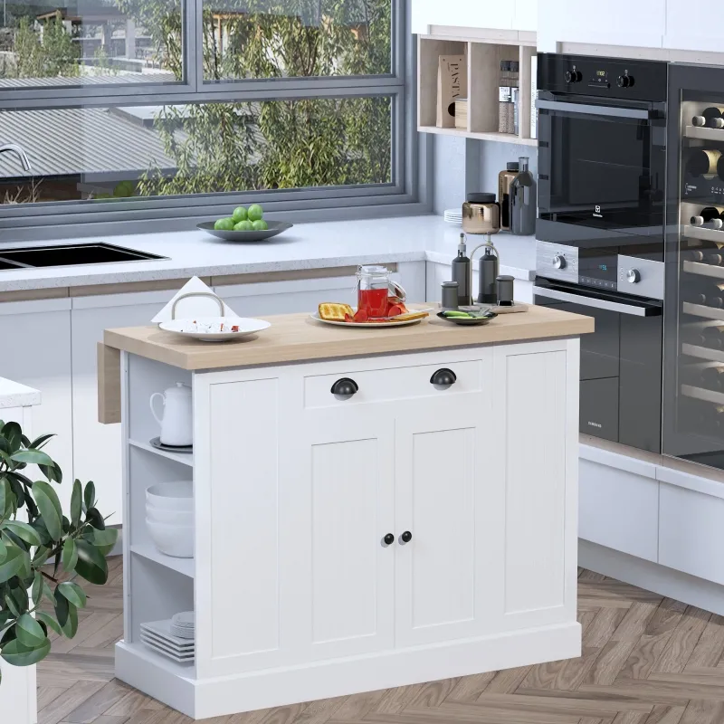 HOMCOM Fluted-Style Wooden Kitchen Island, Countertop with Drop Leaf, Drawer, Open Shelves, Storage, White
