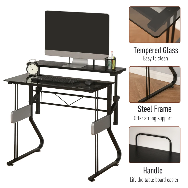 HOMCOM Writing PC Computer Desk with Height Adjustable Monitor Stand and Foot Pads for Home Office Workstation, Black
