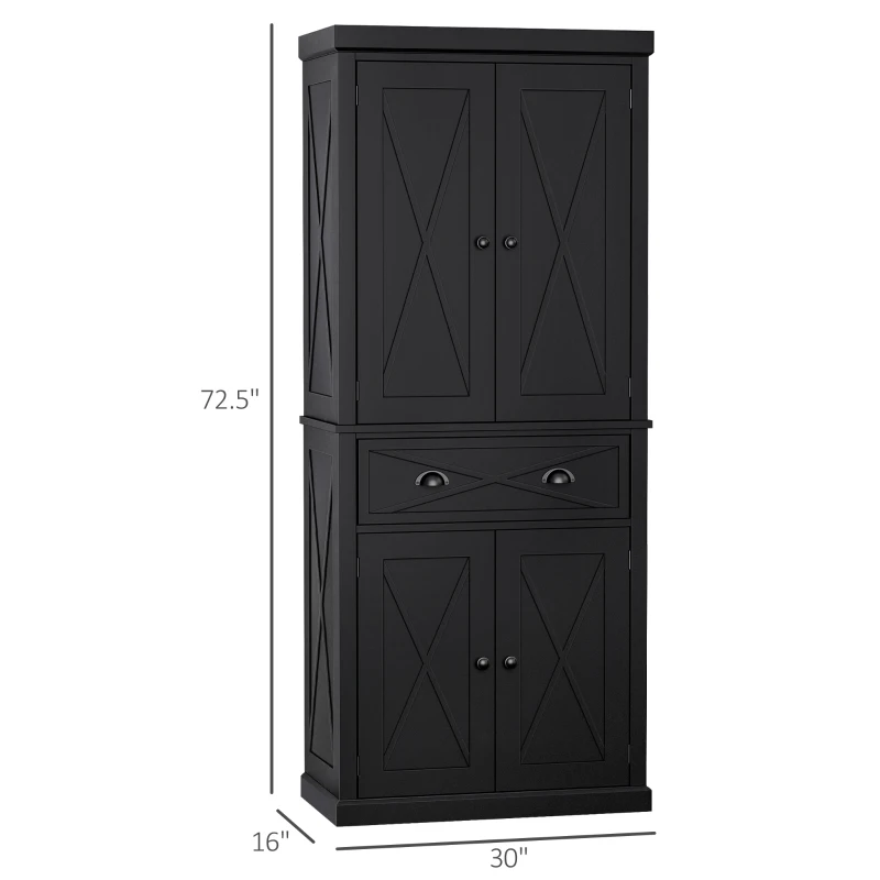 HOMCOM 6ft Wood Farmhouse Colonial Kitchen Pantry Cabinet, with 4 Adjustable Shelves, 2 Wood Pantries, & 1 Drawer, Black