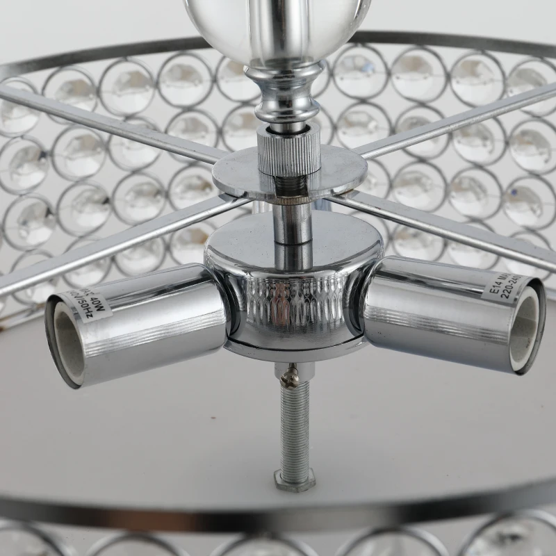 HOMCOM Chandelier Pendant Light Lamp with Crystal Ball Pole, Hanging Ceiling Lamp, Drum Shaped Shade, Metal Base, Silver