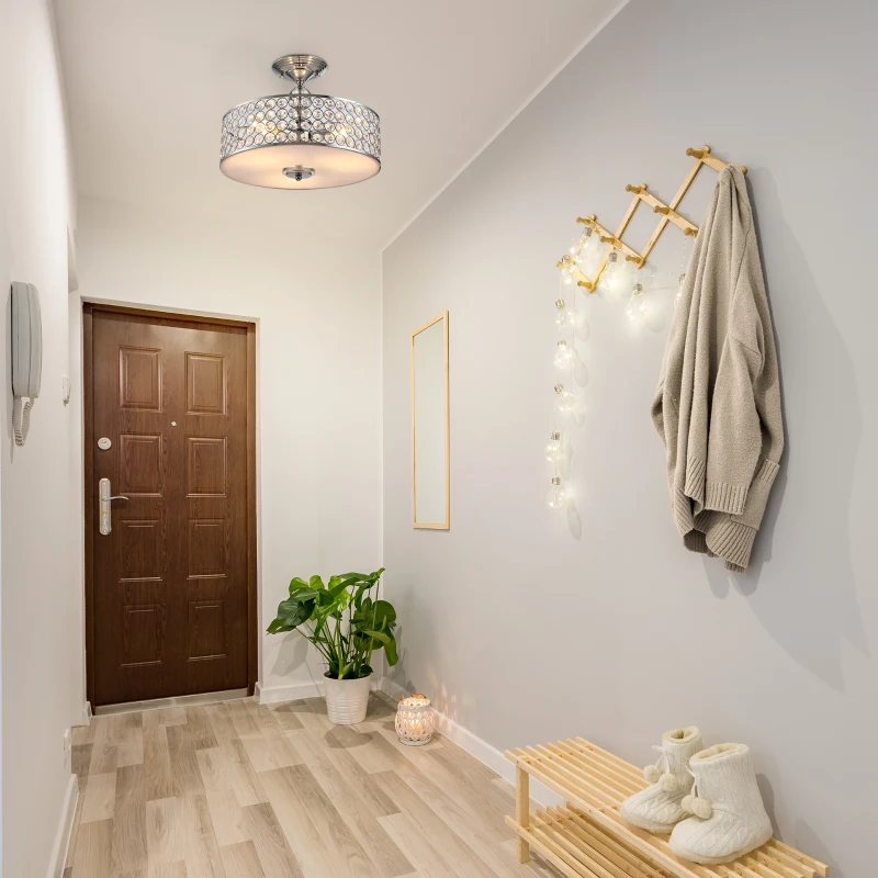 HOMCOM Chandelier Pendant Light Lamp with Crystal Ball Pole, Hanging Ceiling Lamp, Drum Shaped Shade, Metal Base, Silver