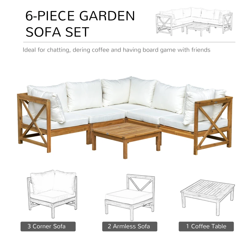 Outsunny 6-Piece Patio Furniture Set, Wooden Conversation Set, Modular Design Sectional Sofa Set with Coffee Table & 8 Pillows for Lawn, Backyard, White