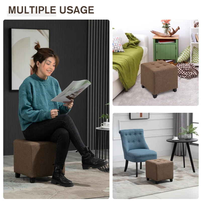 HOMCOM Tufted Ottoman Linen-Touch Fabric Upholstered Footrest Stool with Anti-Slip Pads, Brown