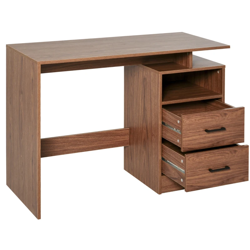 HOMCOM Compact Computer Desk with Split Open Shelves, 2 Pull Out Storage Drawers and Stable Wooden Frame, Walnut