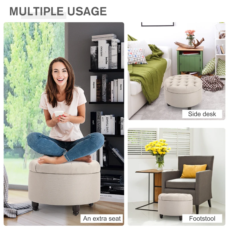 HOMCOM Round Linen-touch Fabric Storage Footstool Ottoman Button Tufted Footrest with Removable Lid, Beige