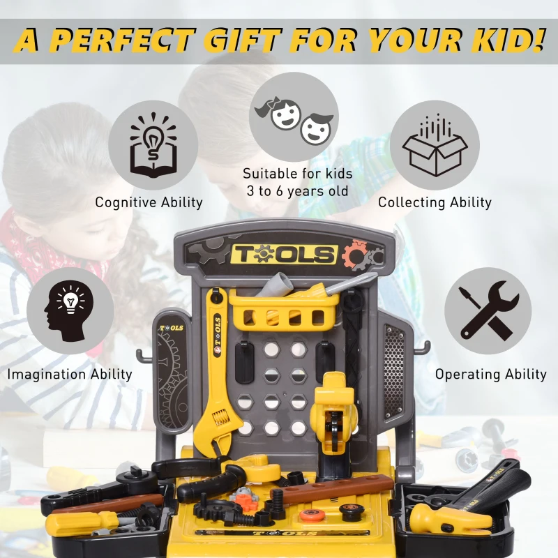Qaba Kids Workbench Set Pretend Play Toy with Realistic Tools 3-in-1 Design Suitcase Cart with 60 Pcs Accessories for Girls and Boys 3 to 6 Years Old Yellow