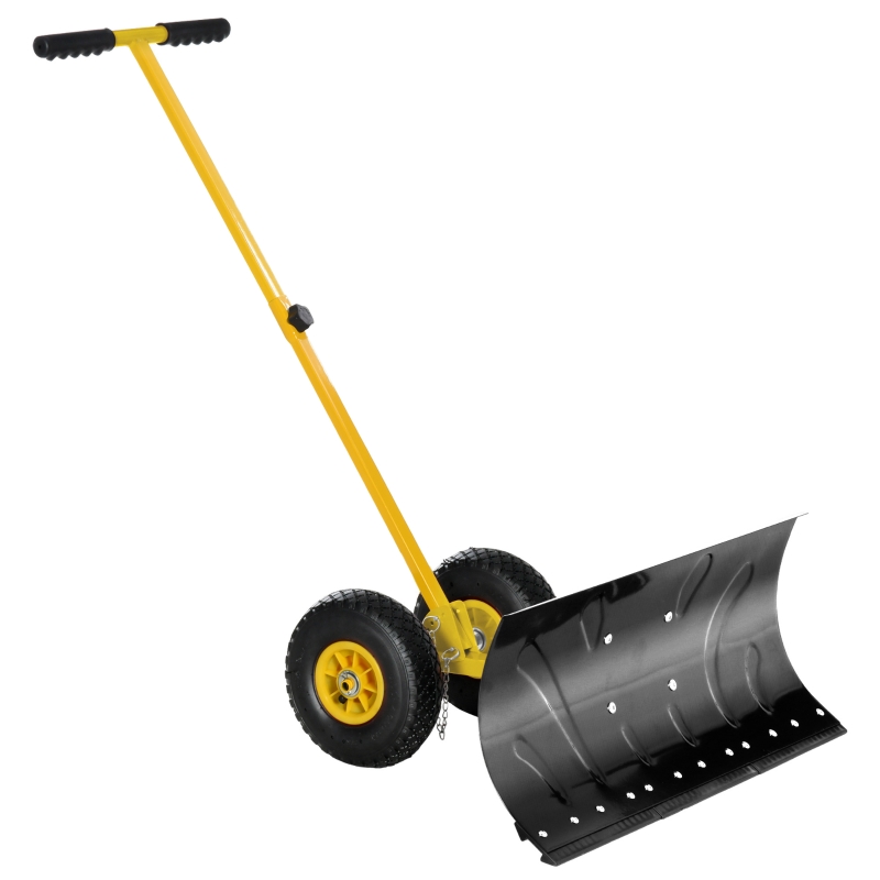 Outsunny 29" Blade Rolling Snow Pusher Shovel with Wheels and Adjustable Handle Yellow