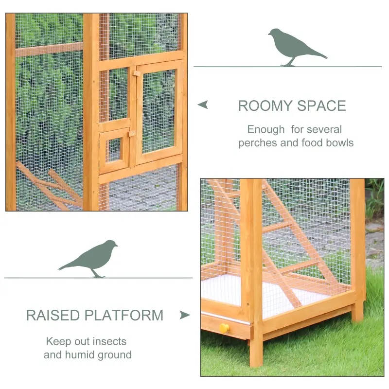 PawHut 65" Wooden Bird Cage Outdoor Aviary House for Parrot, Parakeet, with Pull Out Tray and 2 Doors, Natural