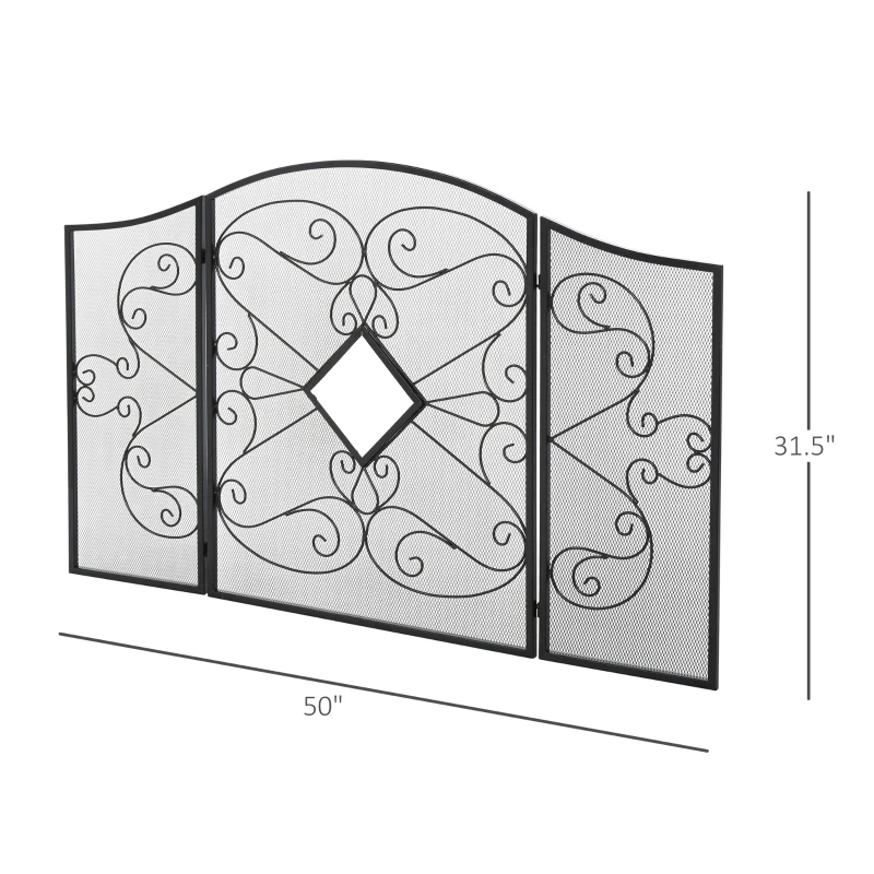 HOMCOM 3-Panel Metal Fireplace Spiral Mesh Cover Screen Home Foldable Steel Spark Guard Decoration, Black