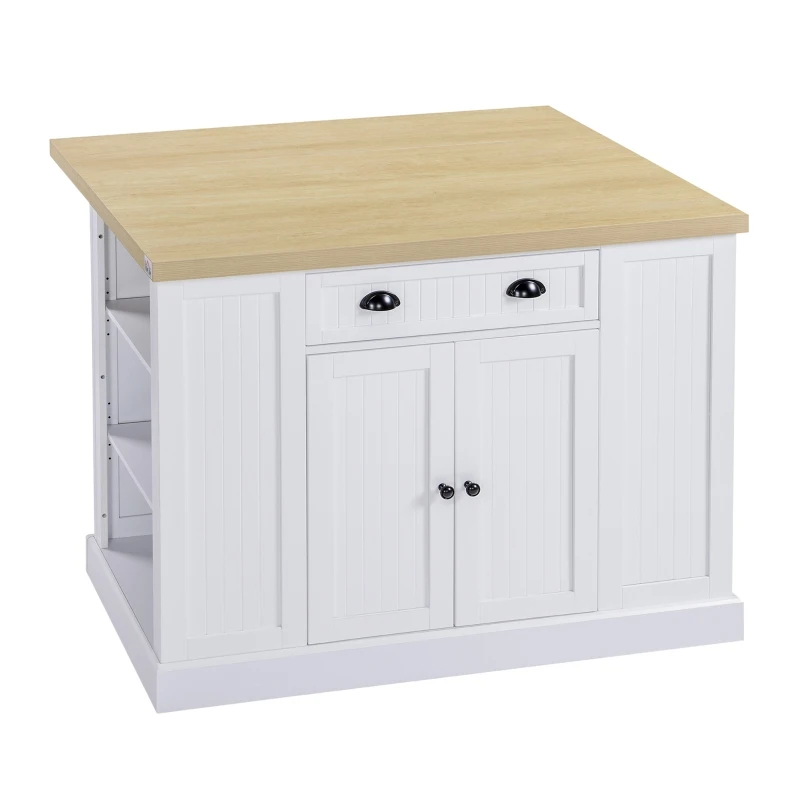 HOMCOM Fluted-Style Wooden Kitchen Island, Countertop with Drop Leaf, Drawer, Open Shelves, Storage, White