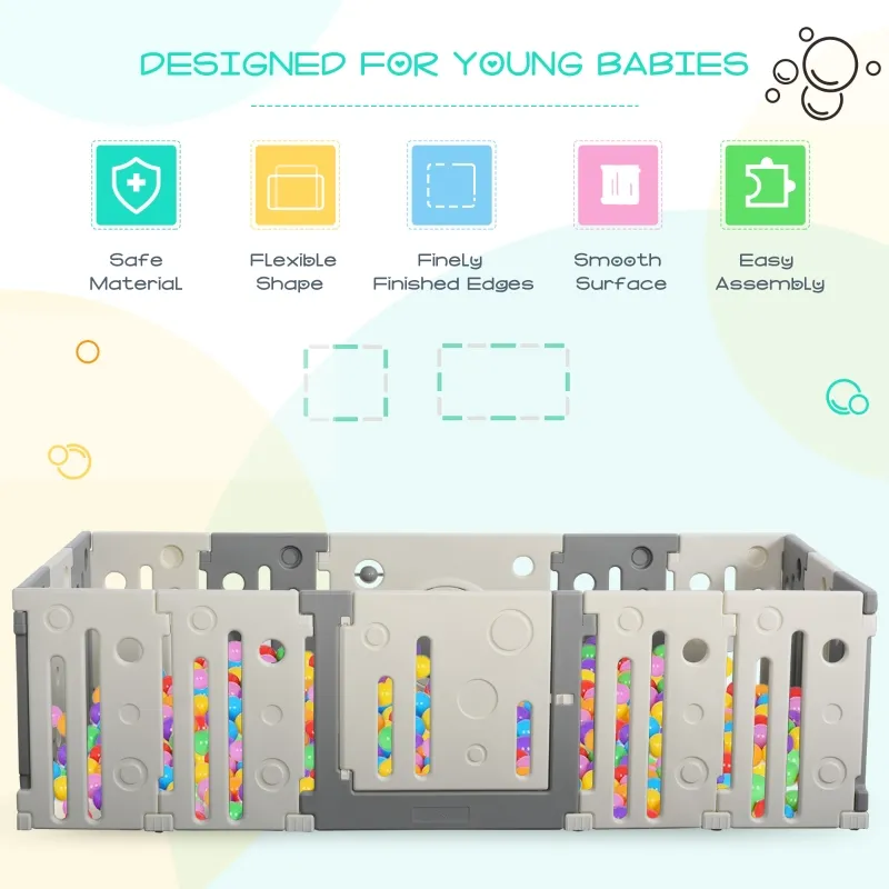 Qaba 16-Piece Children Baby Playpen Kids Activity Center Fence for Kids with Easy Safety Gate & Built-In Fun Toys, Grey