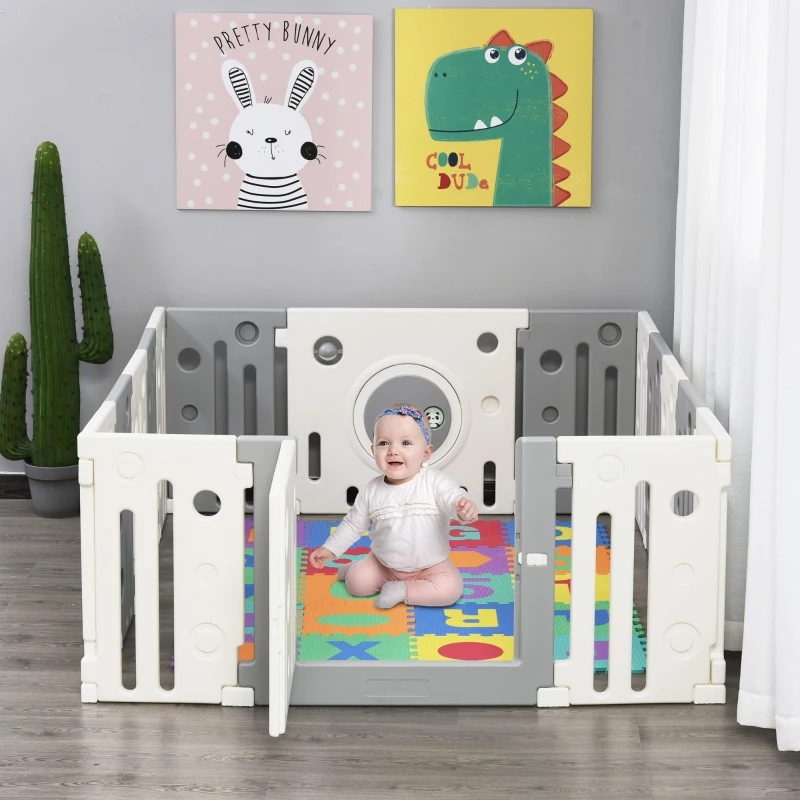 Qaba 16-Piece Children Baby Playpen Kids Activity Center Fence for Kids with Easy Safety Gate & Built-In Fun Toys, Grey