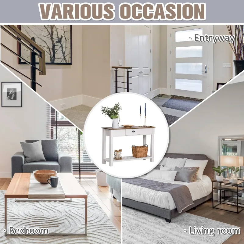 HOMCOM Console Side Entryway Table with Storage Drawer, Bottom Shelf, and Strong Sturdy Construction, White