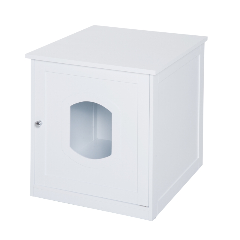 PawHut Decorative Wooden Covered Cat House Side End Table Mess Free Cat Litter Box Hideaway Cabinet Enclosure - White