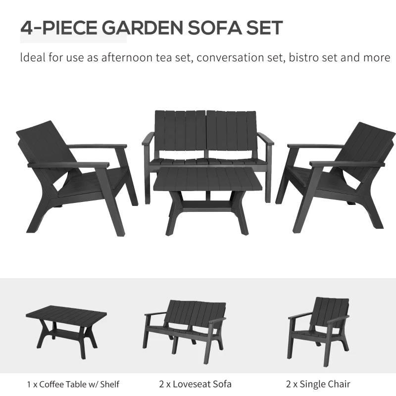 Outsunny 4-Piece Outdoor Patio Conversation Set Garden Furniture Set with Weather-Fighting PP Materials, Adirondack Comfort, & Coffee Table, Black