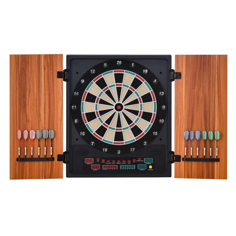 Soozier Electronic Dartboard Cabinet Set with 27 Main Games, 202 Variations, 12 Darts for Multi-Game Option Ready-to-Play, Light Brown