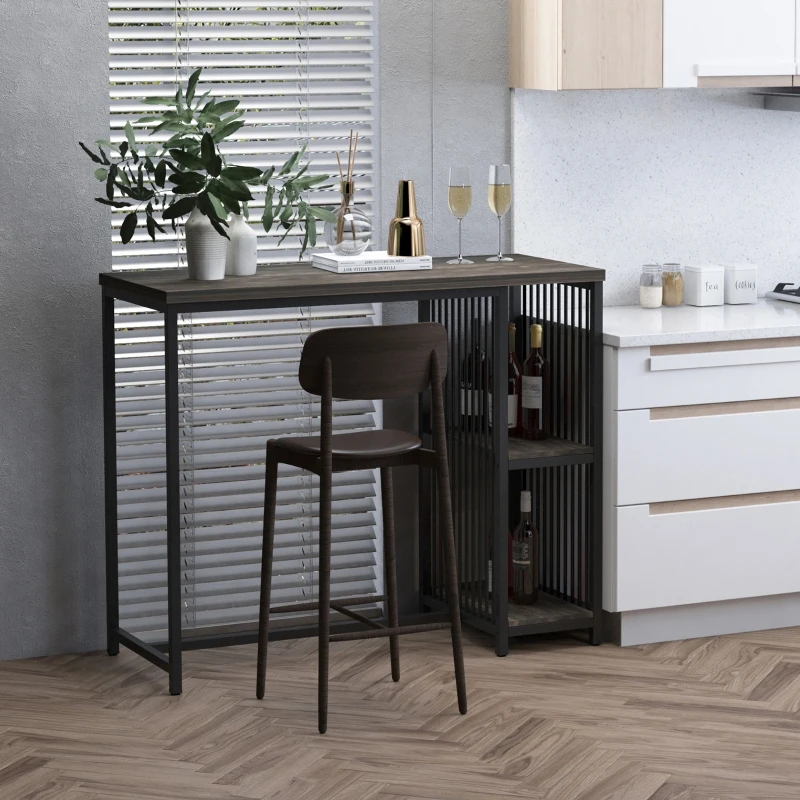 HOMCOM Industrial Steel Tube Bar Table with Wood Top, Steel Frame, 2-Tier Storage Shelf, Adjustable Footpad, Pub Table for Kitchen Dining Room, Walnut