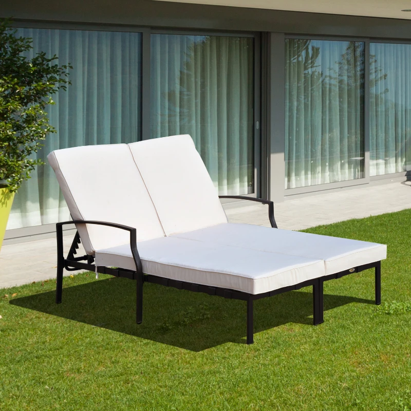 Outsunny 74" Reclining Outdoor Double Lounge Chair With Cushions - Cream / Black