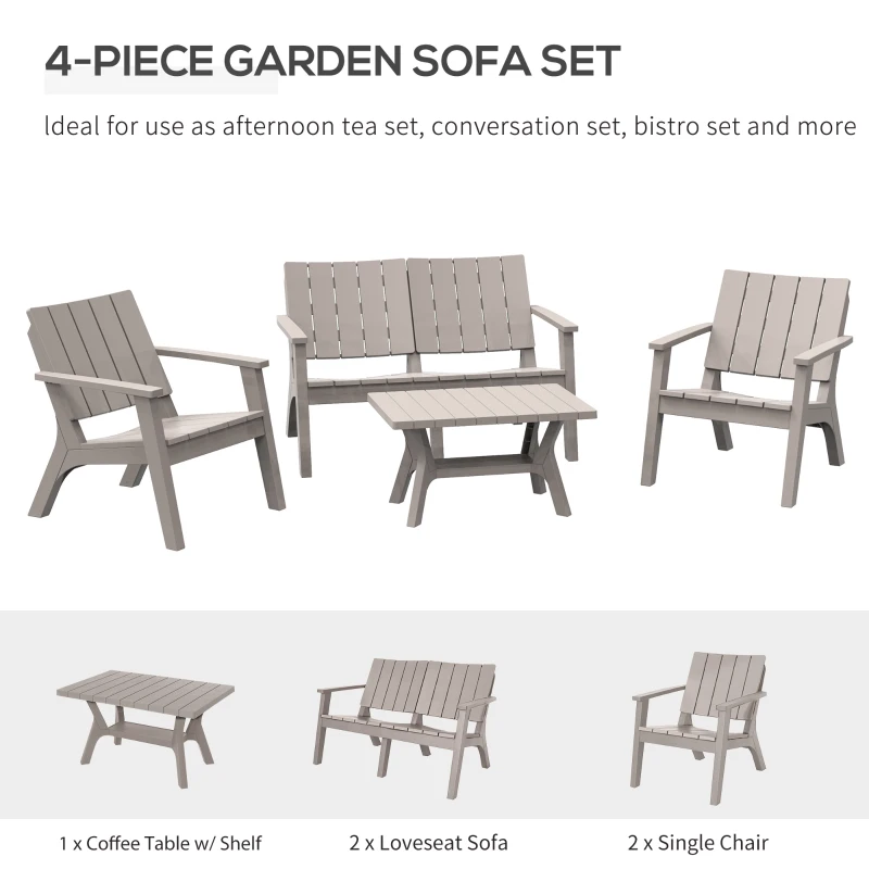 Outsunny 4-Piece Outdoor Patio Conversation Set Garden Furniture Set with Weather-Fighting PP Materials, Adirondack Comfort, & Coffee Table, Light Coffee