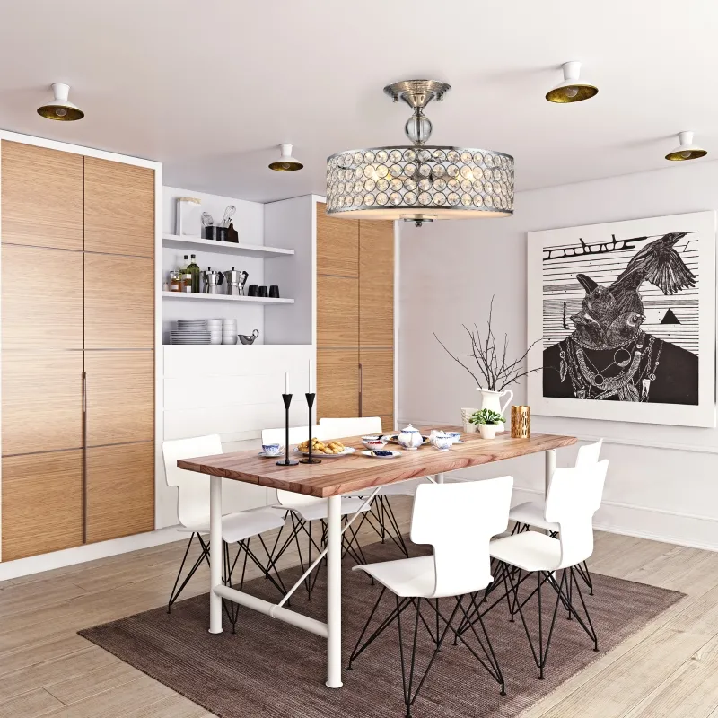 HOMCOM Chandelier Pendant Light Lamp with Crystal Ball Pole, Hanging Ceiling Lamp, Drum Shaped Shade, Metal Base, Silver