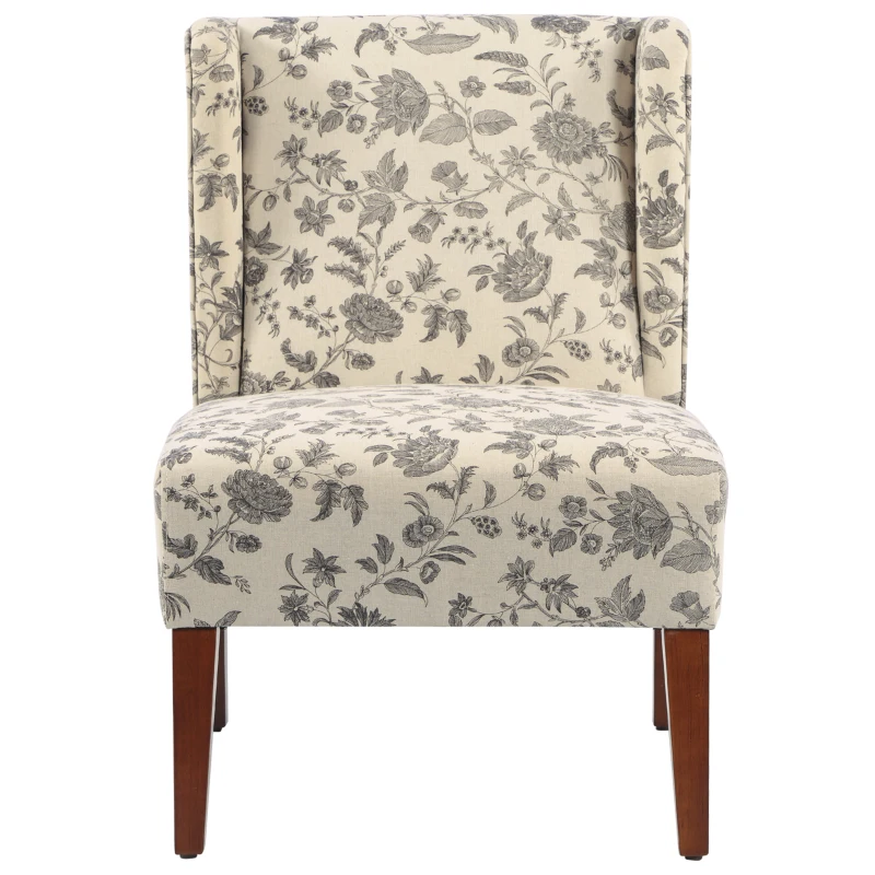 HOMCOM Upholstered Armless Accent Chair, Leisure Side Chair with Wingback, Soft Linen Fabric and Solid Wood Legs, Decorative for Bedroom, Living room, Floral