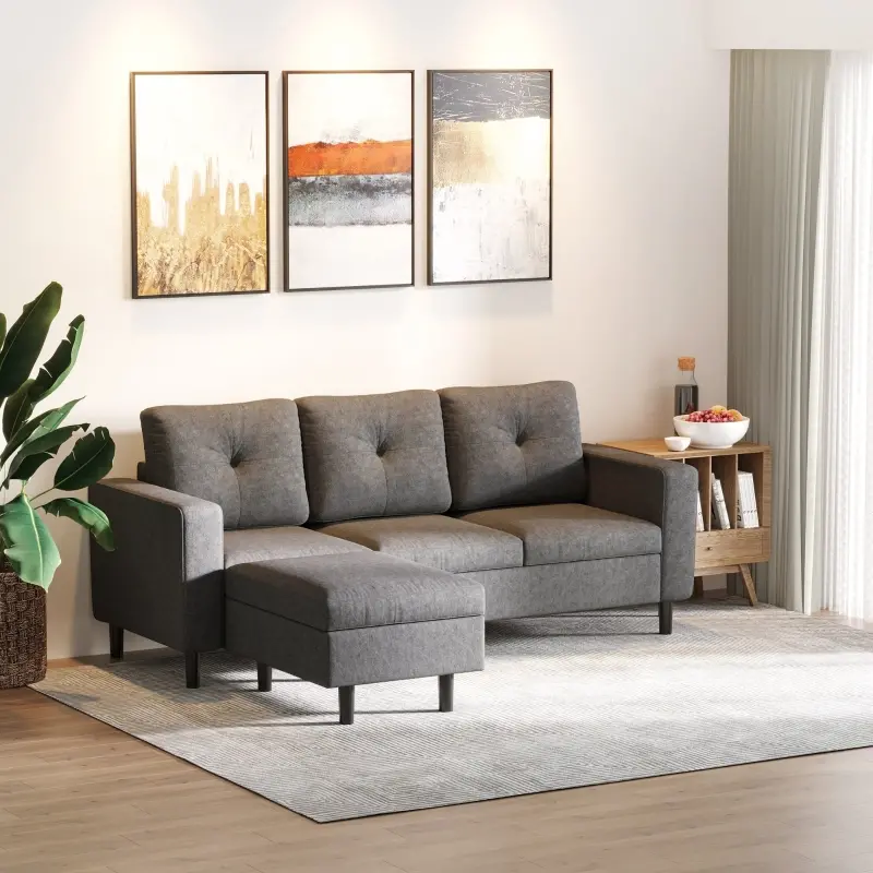 HOMCOM Convertible Sectional Sofa Couch with Reversible Chaise, L-Shaped Couch with Thick Sponge Cushions for Small Space, Dark Grey