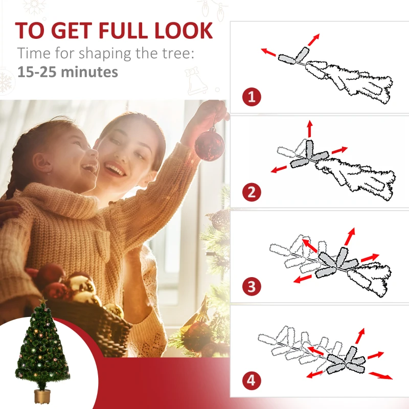 HOMCOM 3 FT Pre-Lit Artificial Table Christmas Tree, Fiber Optic Holiday Home Xmas Indoor Decoration with Golden Stand, Green