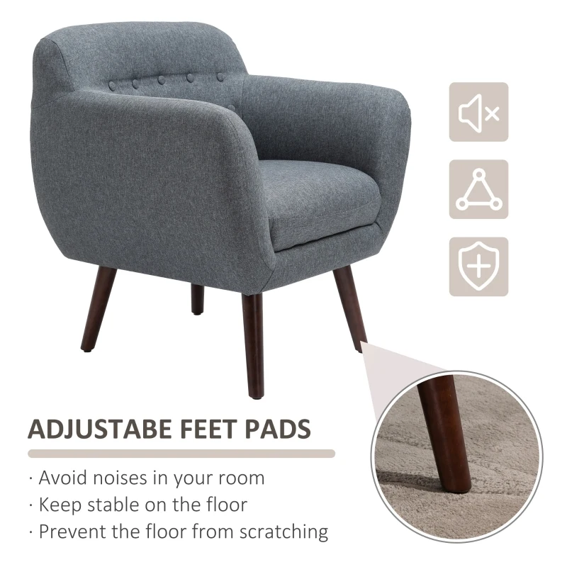 HOMCOM Accent Chair Linen-Touch Tufted Armchair Upholstered Leisure Lounge Sofa Club Chair with Wood Legs, Grey/Walnut