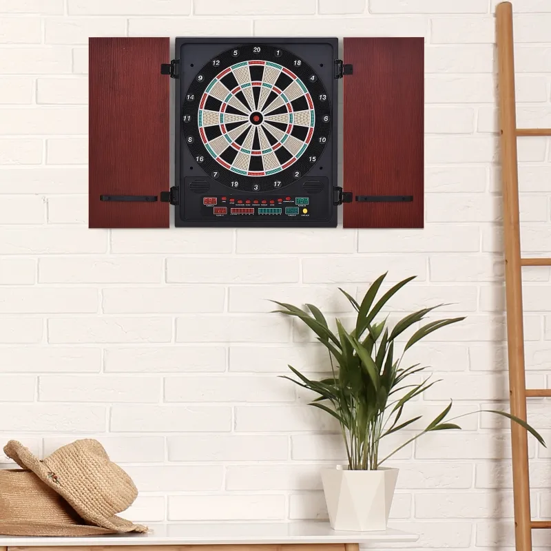 Soozier Electronic Dartboard Cabinet Set with 27 Main Games, 202 Variations, 12 Darts for Multi-Game Option Ready-to-Play, Dark Brown