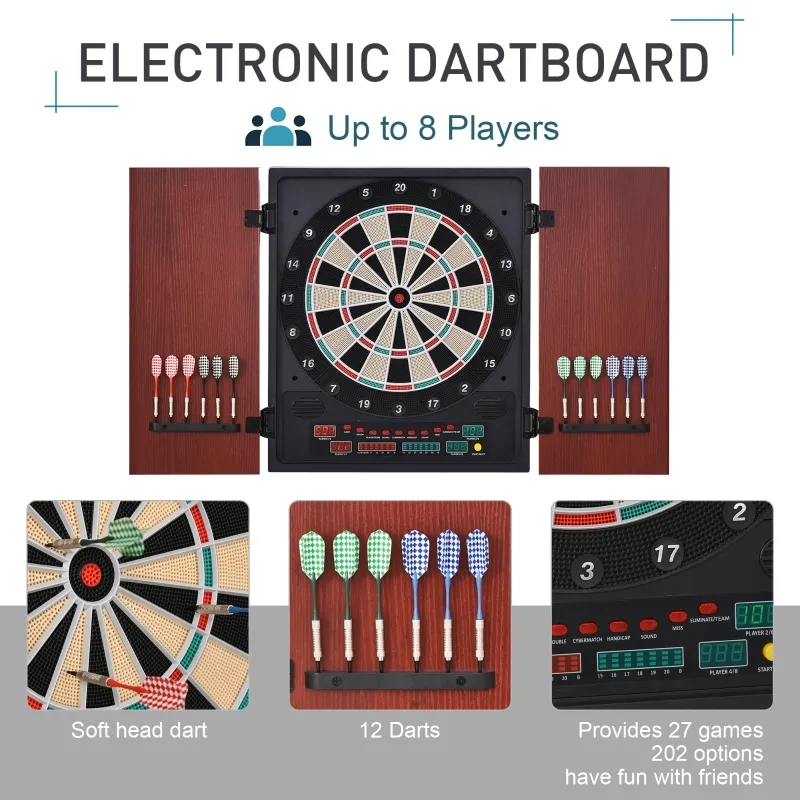 Soozier Electronic Dartboard Cabinet Set with 27 Main Games, 202 Variations, 12 Darts for Multi-Game Option Ready-to-Play, Dark Brown