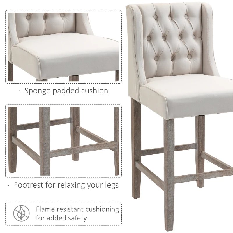 HOMCOM 26.25" Counter Height Bar Stools, Tufted Wingback Armless Upholstered Dining Chair with Rubber Wood Legs, Set of 2, Ivory