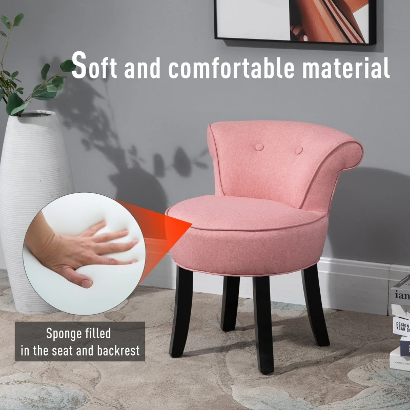 HOMCOM Upholstered Linen Vanity Stool with Curved Thick Padded Backrest, Rubberwood Legs, and Footpads, Pink