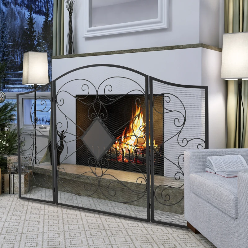 HOMCOM 3-Panel Metal Fireplace Spiral Mesh Cover Screen Home Foldable Steel Spark Guard Decoration, Black