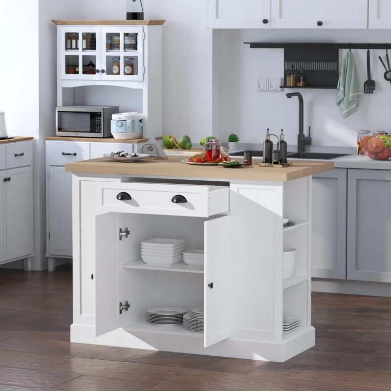 HOMCOM Fluted-Style Wooden Kitchen Island, Countertop with Drop Leaf, Drawer, Open Shelves, Storage, White