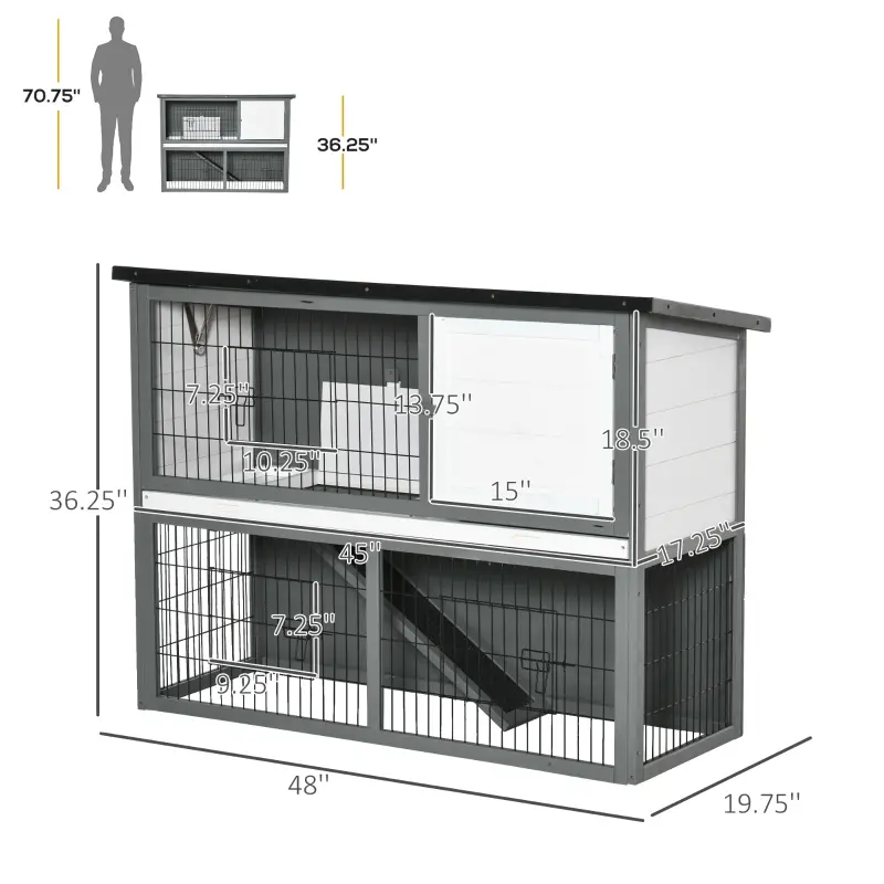 PawHut 48" Wooden Rabbit Hutch Bunny Cage Small Animal House Enclosure with Ramp, Removable Tray and Weatherproof Roof for Outdoor, Gray