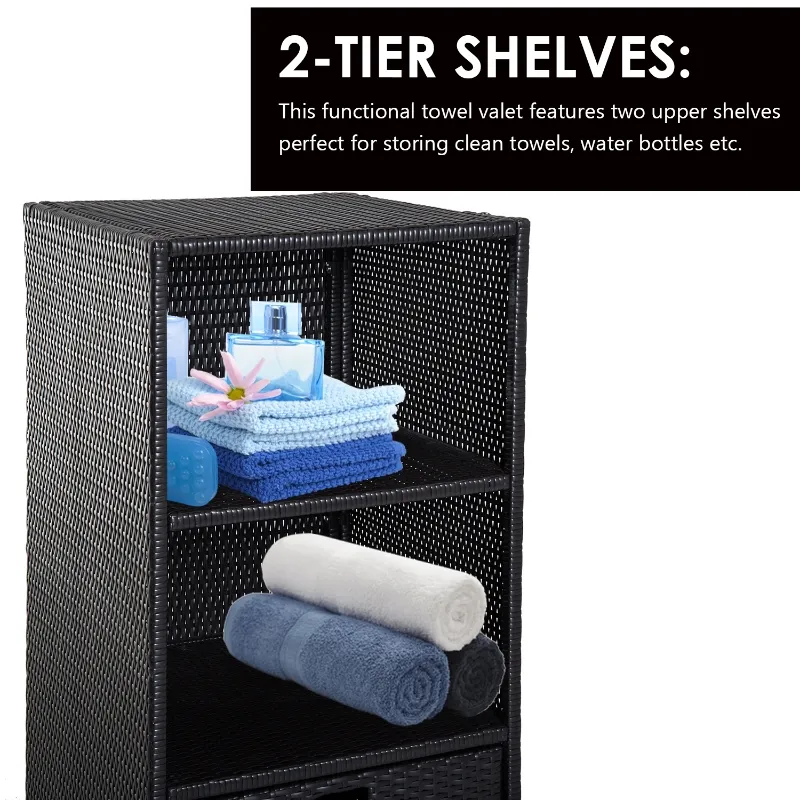 Outsunny Poolside Towel Cabinet, Rattan Wicker with Storage,2-Tier Shelves and Bottom Drawer, for Pool, Patio Backyard, 47", Dark Brown