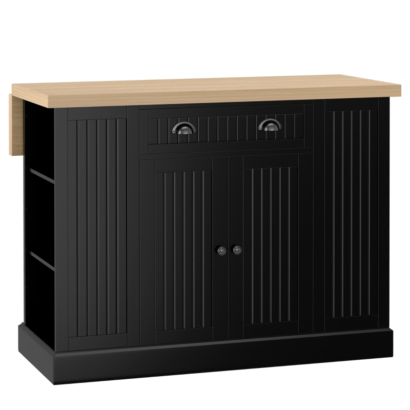 HOMCOM Fluted-Style Wooden Kitchen Island Cabinet with Drop Leaf, Drawer, Open Shelving, and Interior Shelving - Black