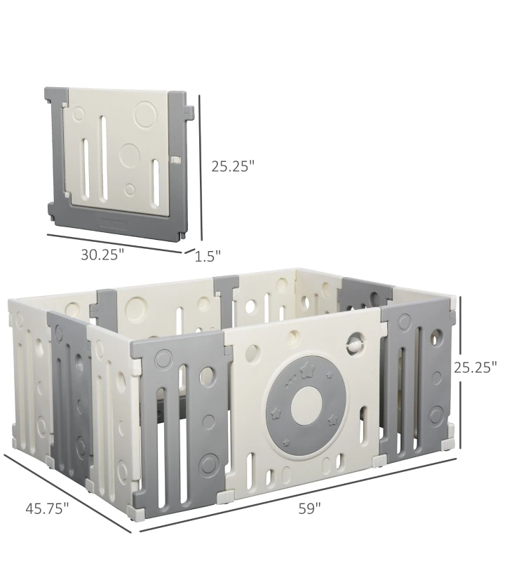 Qaba 12-Piece Children Baby Playpen Kids Activity Center Fence for Kids with Easy Safety Gate & Built-In Fun Toys, Grey