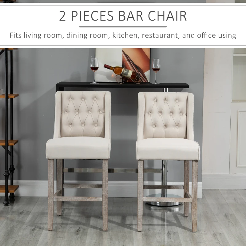 HOMCOM 26.25" Counter Height Bar Stools, Tufted Wingback Armless Upholstered Dining Chair with Rubber Wood Legs, Set of 2, Ivory