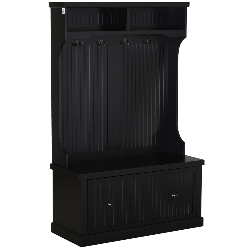 HOMCOM Hall Coat and Shoe Storage Hall Cabinet with Top and Bottom Storage, Metal Double Hooks and Bench - Black