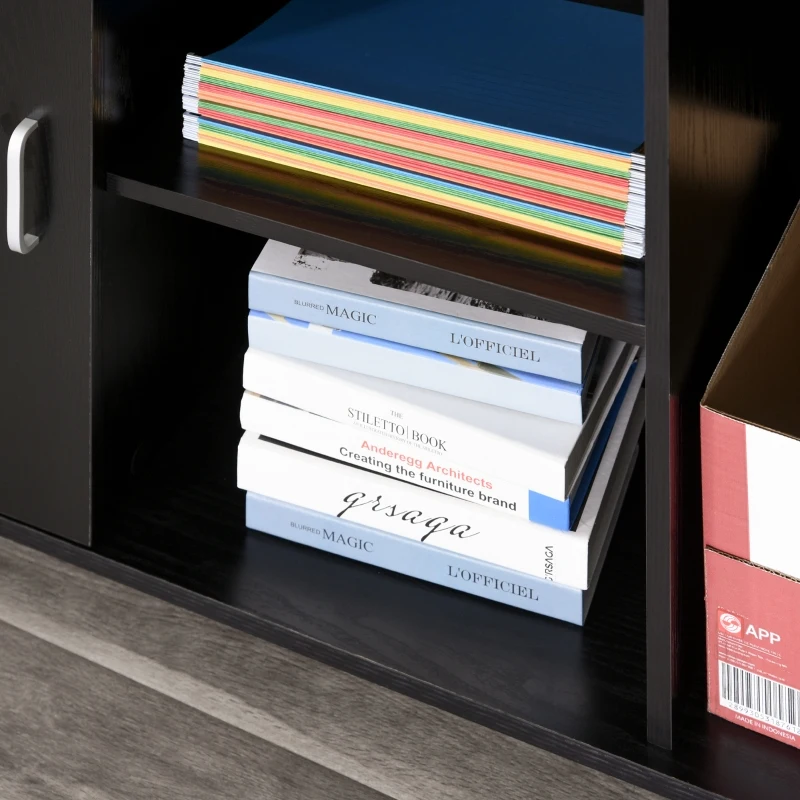 HOMCOM Wood Rolling File Cabinet Storage Organizer with 3 Large Open Shelves and Door Cabinet Door for Easy Storage and Mobility, Black