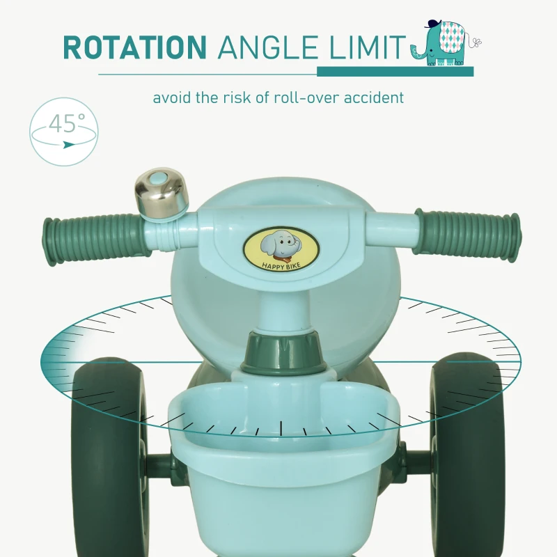 Qaba Tricycle 3-Wheeler Ride-on Toy with 2 Storage Baskets on Front & Back & Non-Slip Handlebar, Green