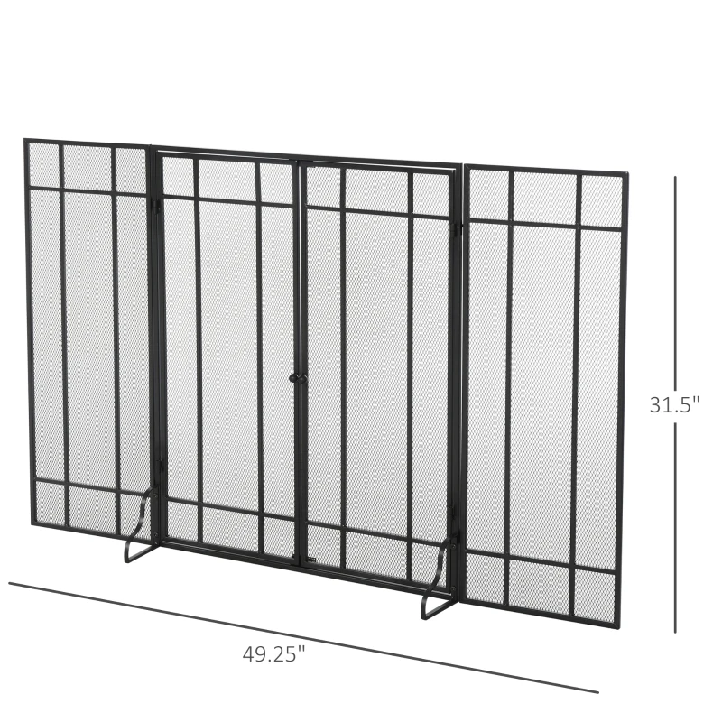 HOMCOM 3-Panel 49.25" W x 31.5" H Metal Mesh Screen Fireplace with Foldable Steel Spark Guard and Magnetic Doors, Black
